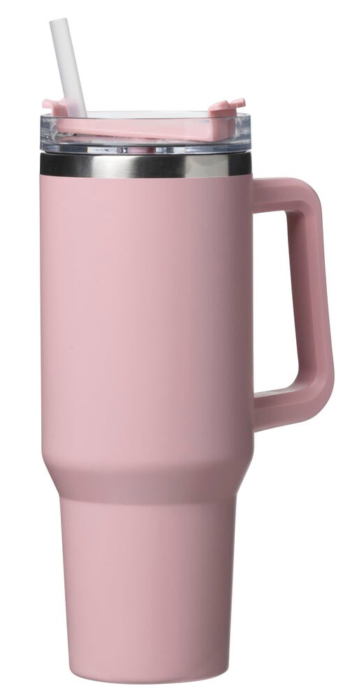 Rosa tumbler med lock handtag och sugrör.