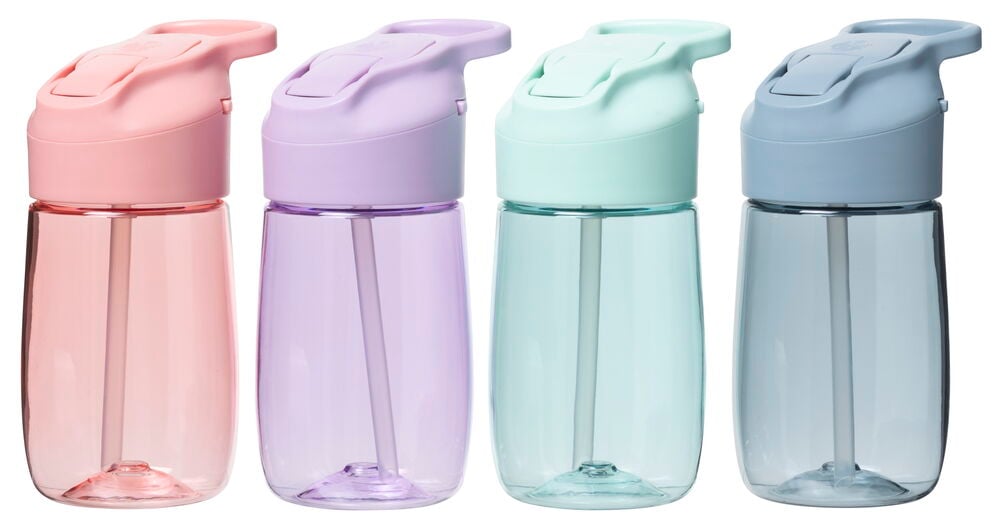 Fire fargerike vannflasker med tettlukkende lokk.