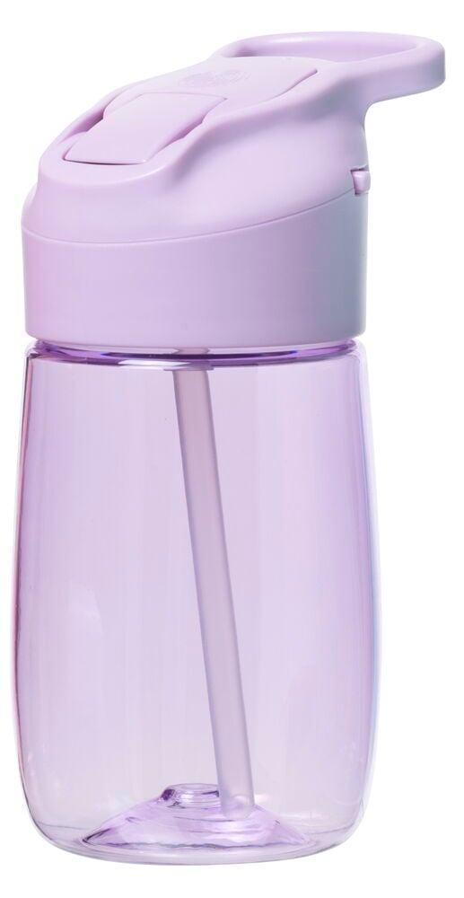 Lila vattenflaska med sugrör och plastlock.