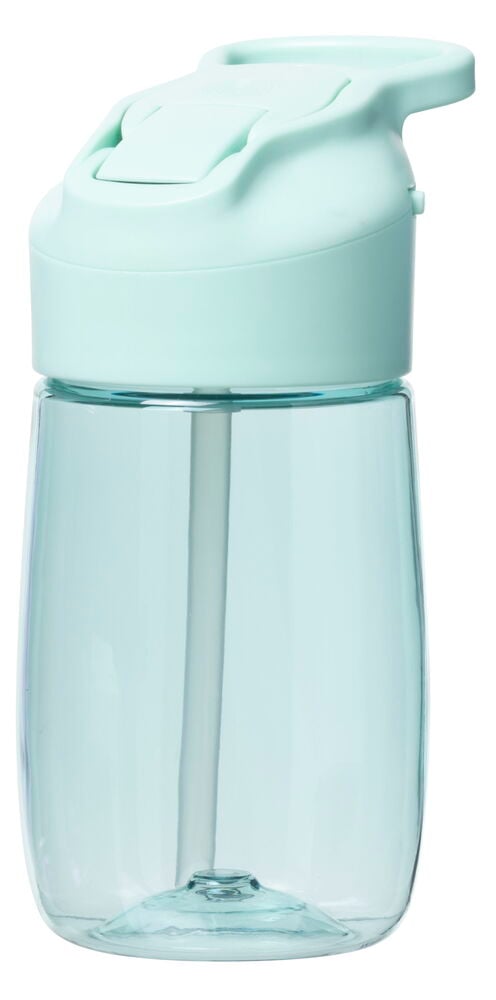 Ljusblå träningsflaska med lock och sugrör.