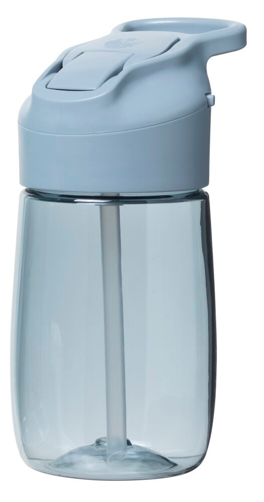 Ljusblå vattenflaska med lock och sugrör.