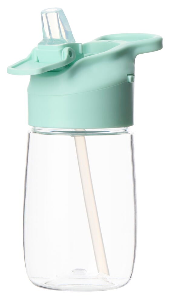 Turkos vattenflaska med klar kropp, sugrör och pop-up-lock.