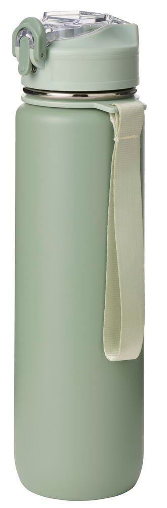 Vihreä 820 ml ruostumaton teräksinen vesipullo kirkkaalla kannella ja vaalealla kantohihnalla.