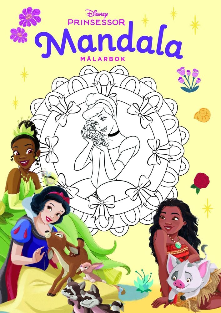 Målarbok Disney/Nickelodeon Flera sorter, gult omslag visar Askungen, Tiana, Snövit, Vaiana och titeln 'Mandala'.