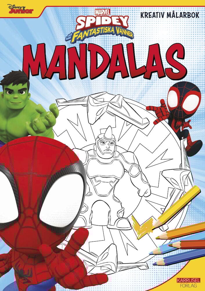 Färgglad målarbok med Marvel hjältar och mandalamotiv.