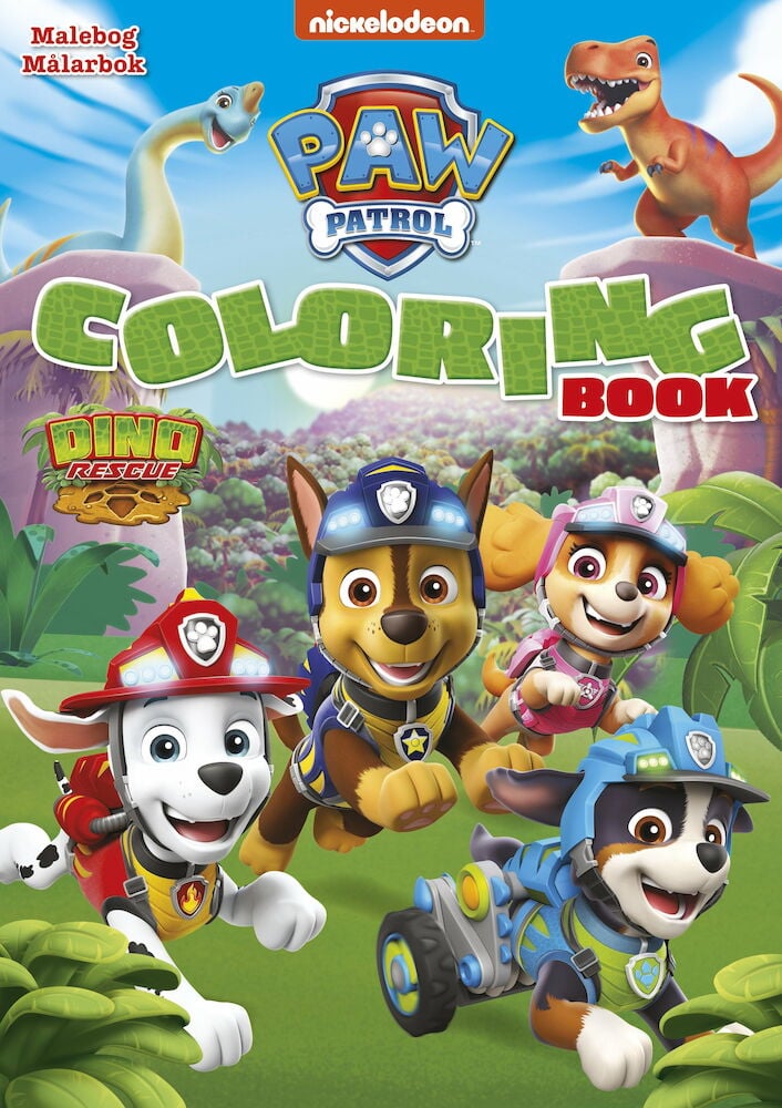 Färgglad målarbok med Paw Patrol och dinosaurier.