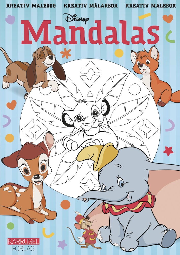 Färgglad målarbok med Disneyfigurer och mandalamotiv.