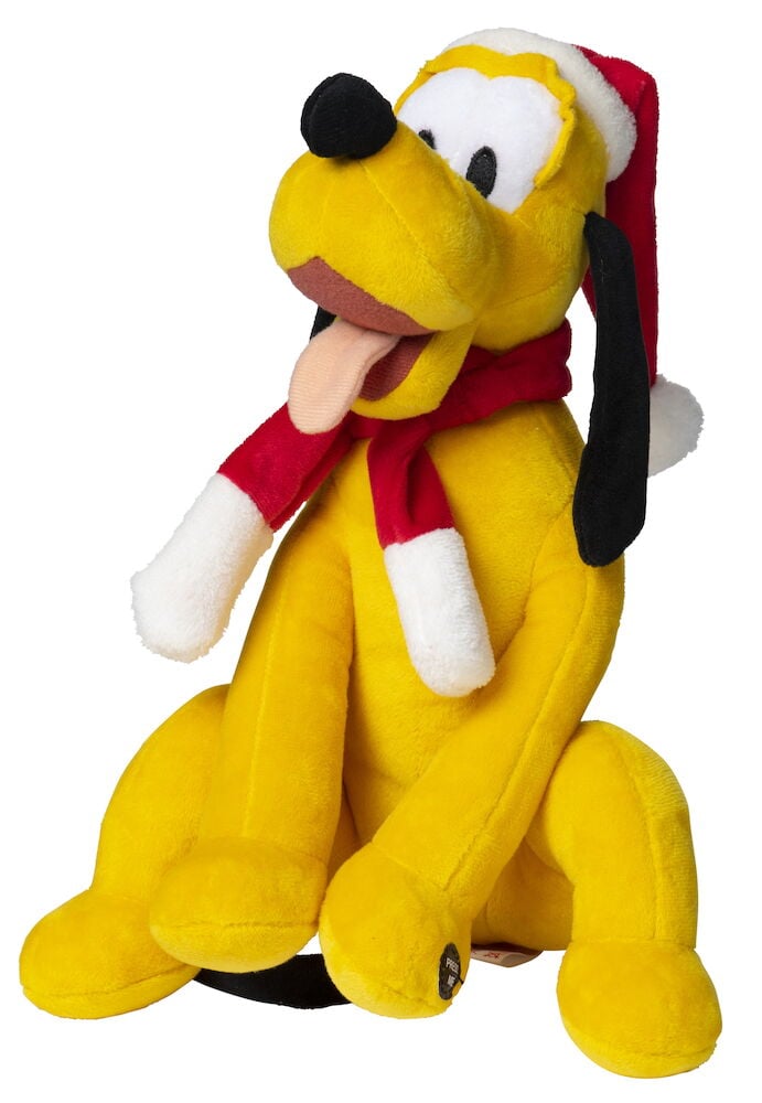 Gelbes Disney-Plüschtier mit Weihnachtsmütze und Schal.