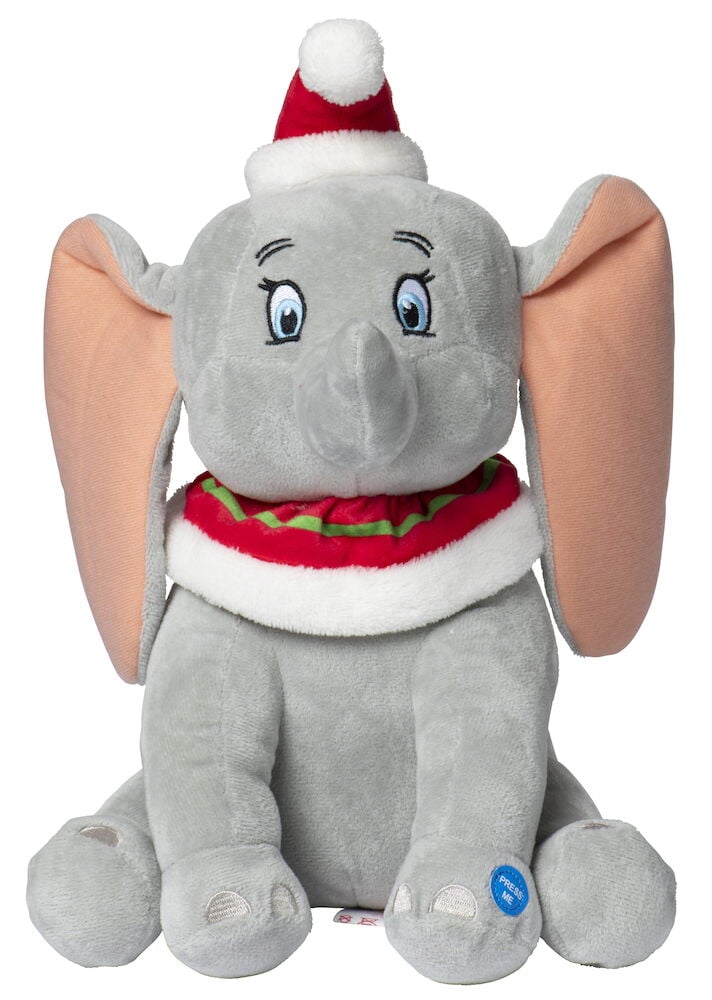 Grauer Disney-Elefant Plüschtier mit Weihnachtsmütze.
