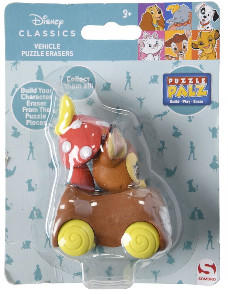 Pusselsudd med Disney-figurer på hjul i förpackning.