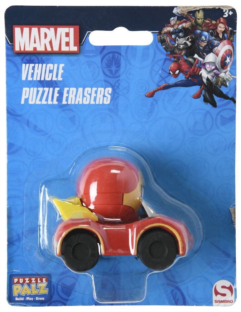 Ett rött fordonssuddgummi med Marveltema i förpackning.