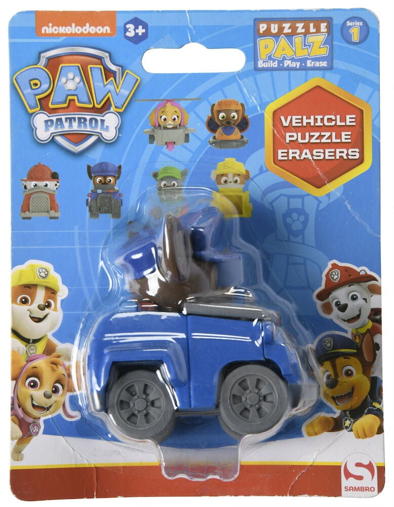 Blå Paw Patrol fordonspusselsudd i plastförpackning.