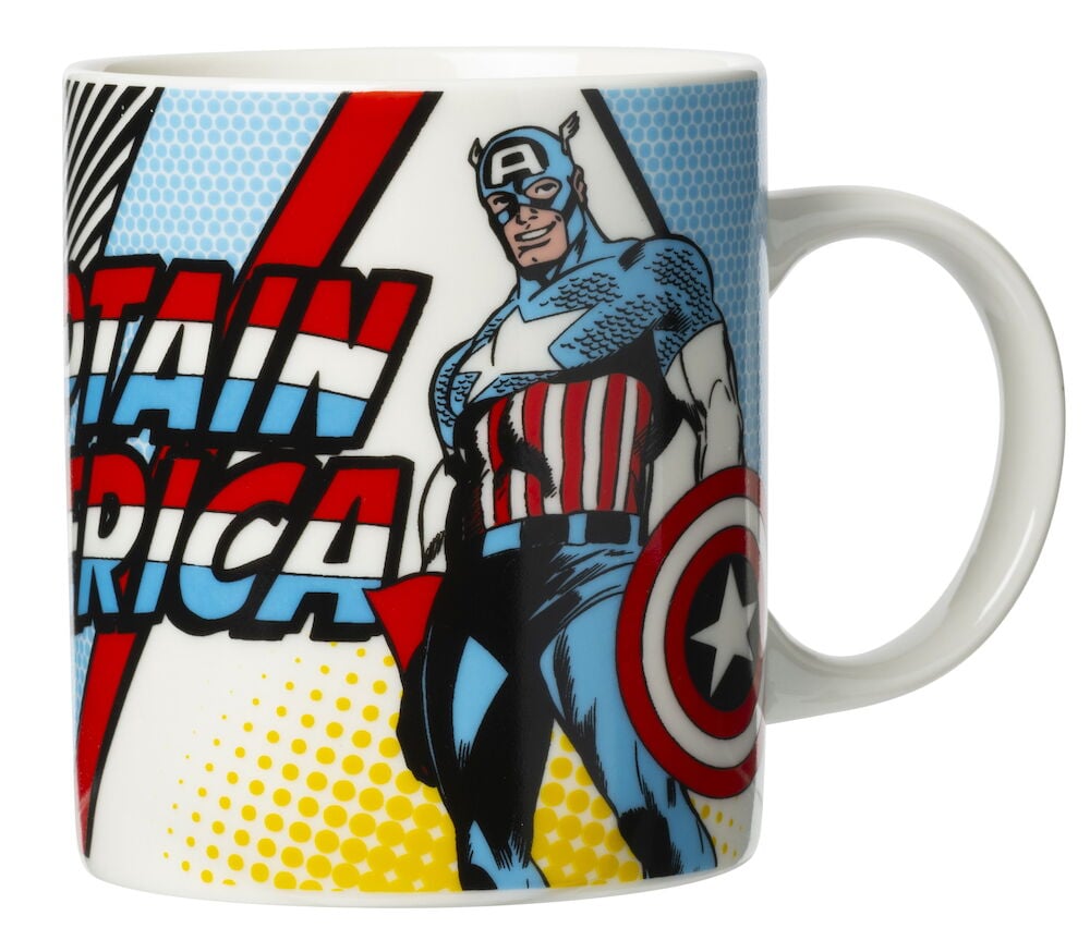 Kopp med Captain America-motiv og fargerik design.