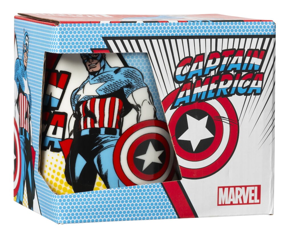 Becher mit Captain America Druck in bunter Verpackung.