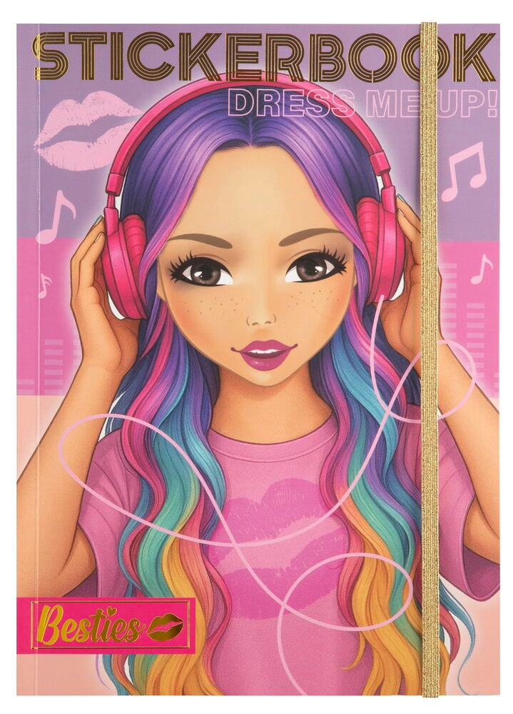 Klistermärkesbok Besties Dress me up! visar en illustrerad tjej med regnbågshår, rosa hörlurar och ett guldfärgat band.