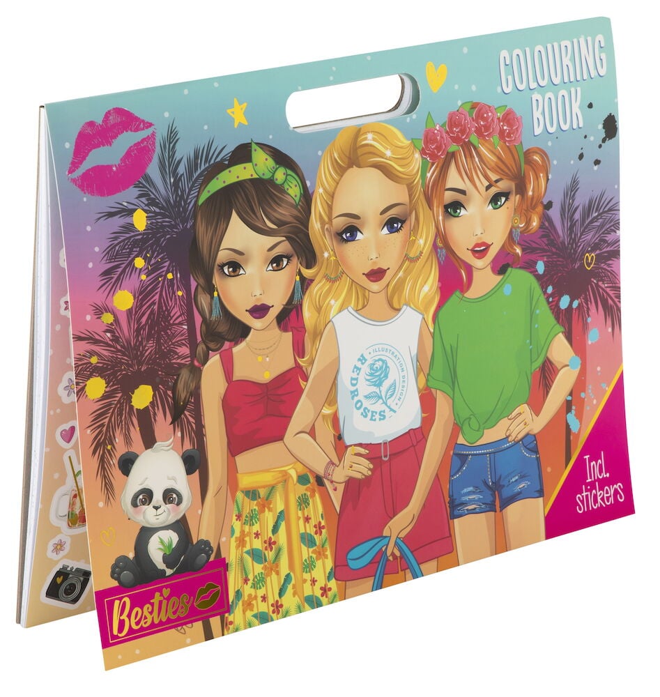 Färgglad målarbok med tre tecknade tjejer och panda.