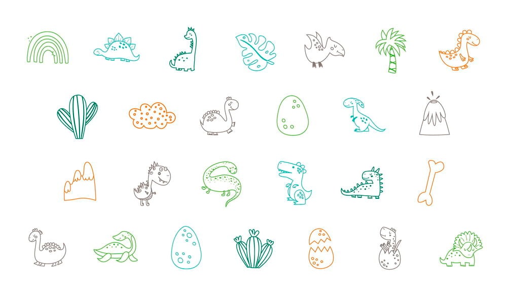 Kaksikymmentäkuusi värikästä leimasinta dinosaurusteemalla ja luonnonelementeillä.