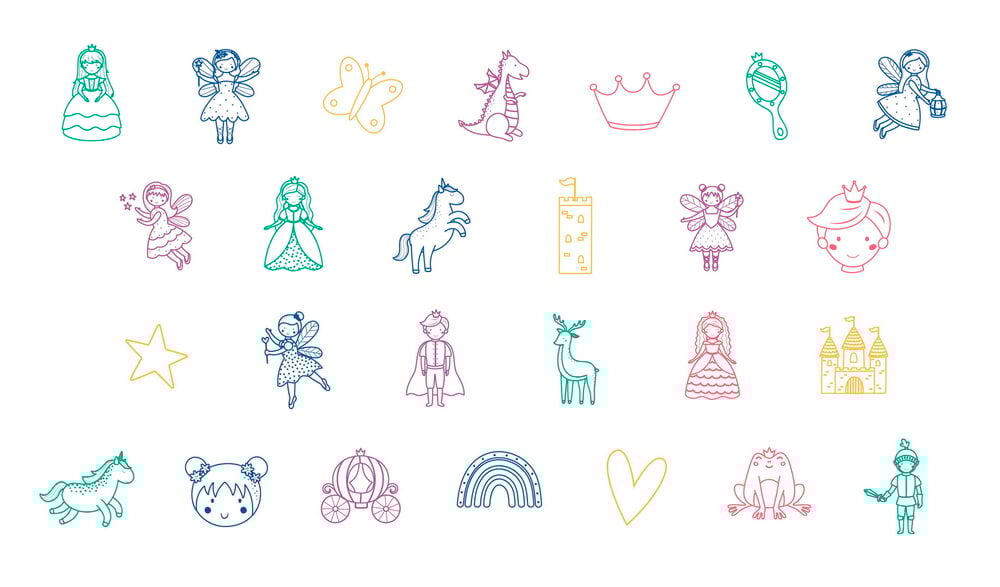 Useita värikkäitä lasten leimasimia satuteemalla ja erilaisilla kuvioilla.