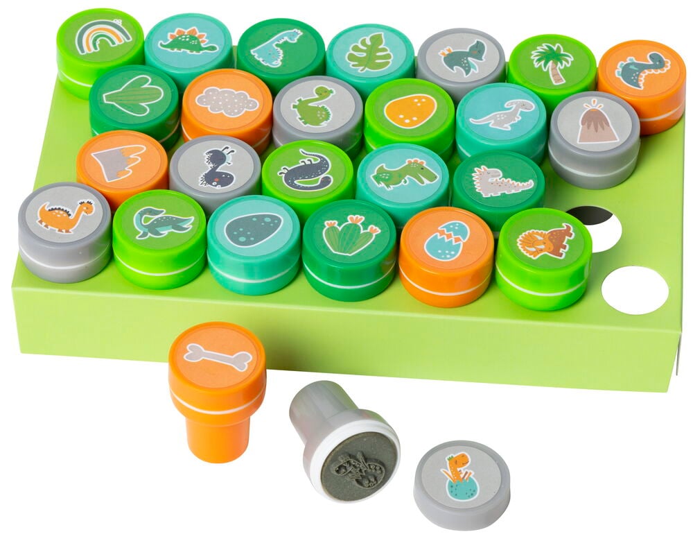 Useita värikkäitä lastenleimoja, joissa on erilaisia kuvioita ja muotoja.