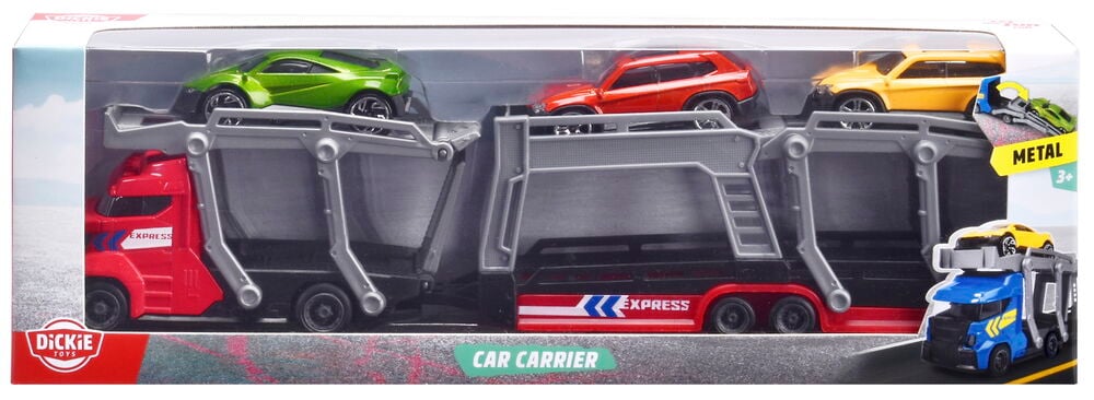Roter Autotransporter mit drei bunten Autos in der Verpackung.