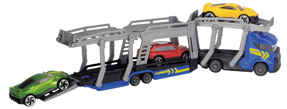 Blå biltransport med tre leksaksbilar i olika färger.