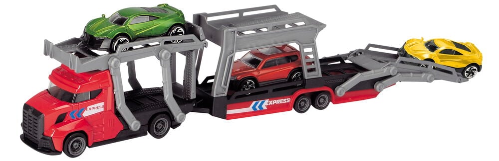 Röd biltransport med tre färgglada leksaksbilar.