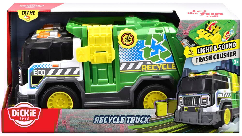 Vihreä roskaleluauto valo- ja äänitoiminnolla.