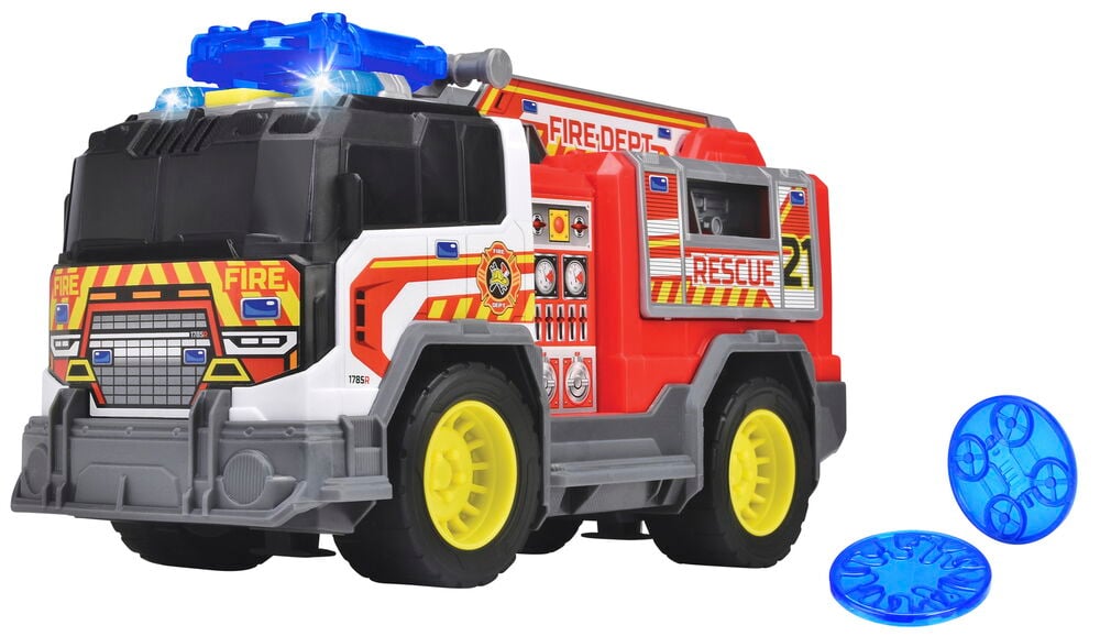 Rotes und weißes Feuerwehrauto Spielzeug mit blauen Lichtern.