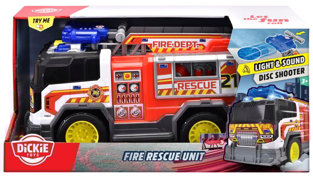 Röd leksaksbrandbil med stege i förpackning.