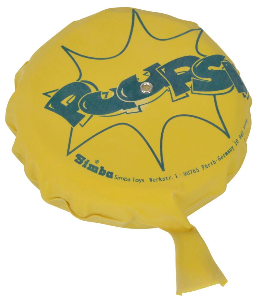 Gul pruttkudde med text och klassiskt skämtutseende.