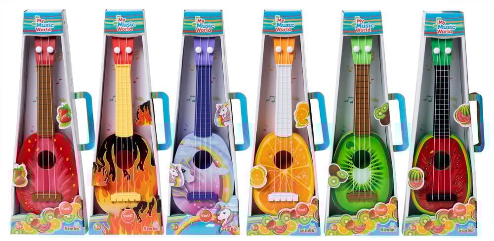 Värikkäitä leikkikitaroita hedelmäteemalla pakkauksessa.