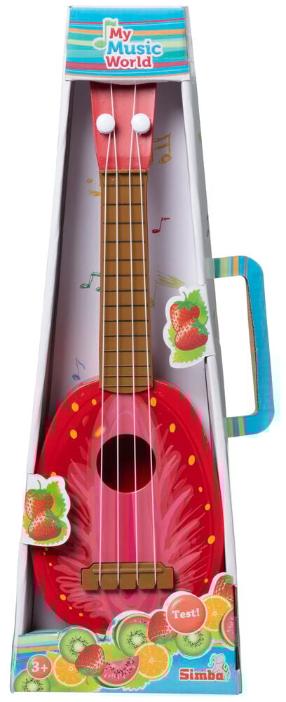 Punainen muovinen ukulele, jossa on mansikkakuviointi lapsille.