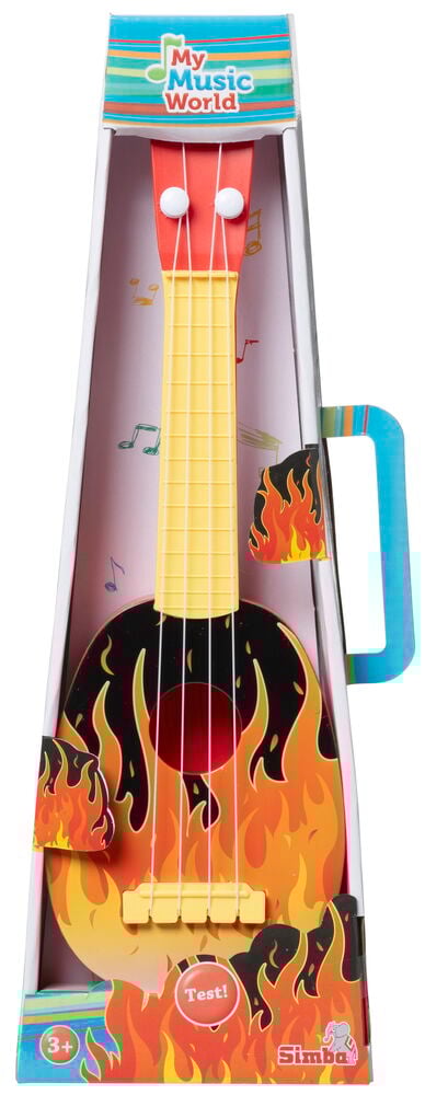 Ukulele lapsille liekkikuvioinnilla pakkauksessa.