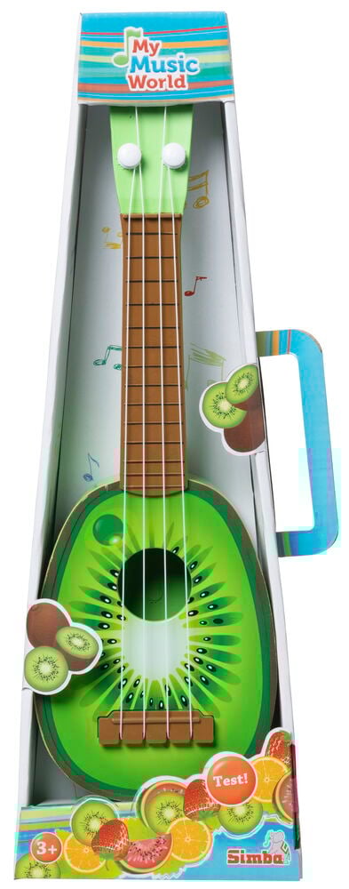Ukulele lapsille vihreällä kiivikuosilla pakkauksessa.