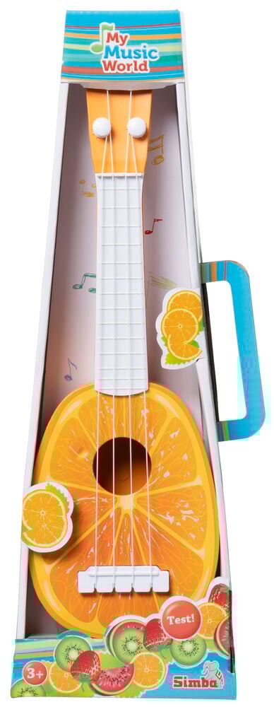 Oranssi ukulele lelu lapsille pahvilaatikossa.