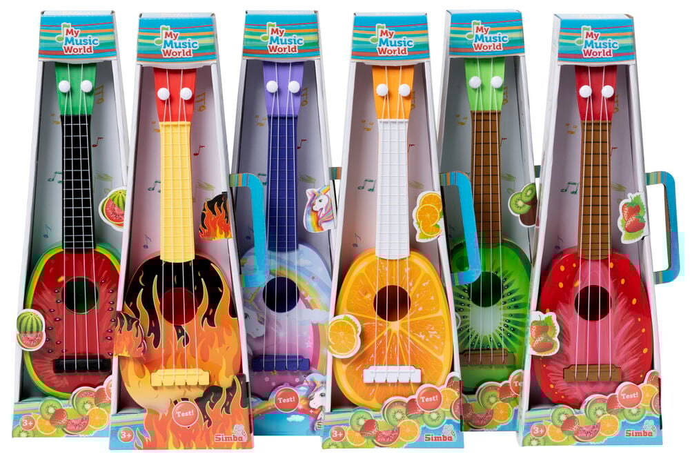 Kuusi värikästä leikkikitaraukkuleleä hedelmäaiheella pakkauksessa.