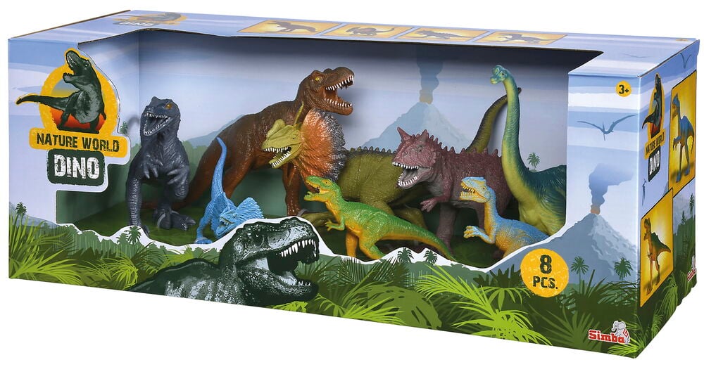 Figuurit Nature World Dino 8-pack esittää kahdeksan värikästä dinosauruslelua ikkunallisessa viidakkoteemaisessa laatikossa.