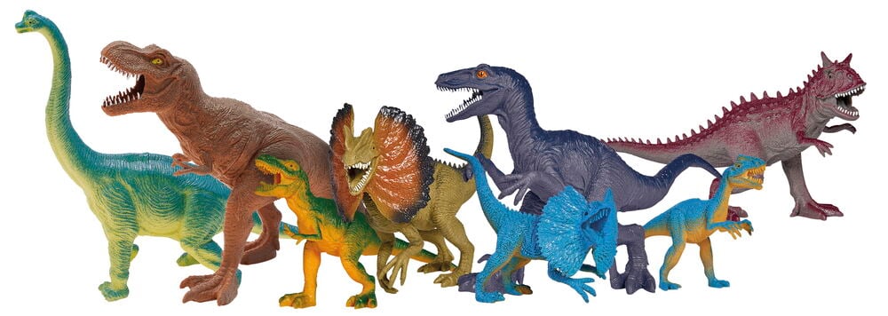 Figuurit Nature World Dino 8-pack esittää rivin erivärisiä dinosaurushahmoja.