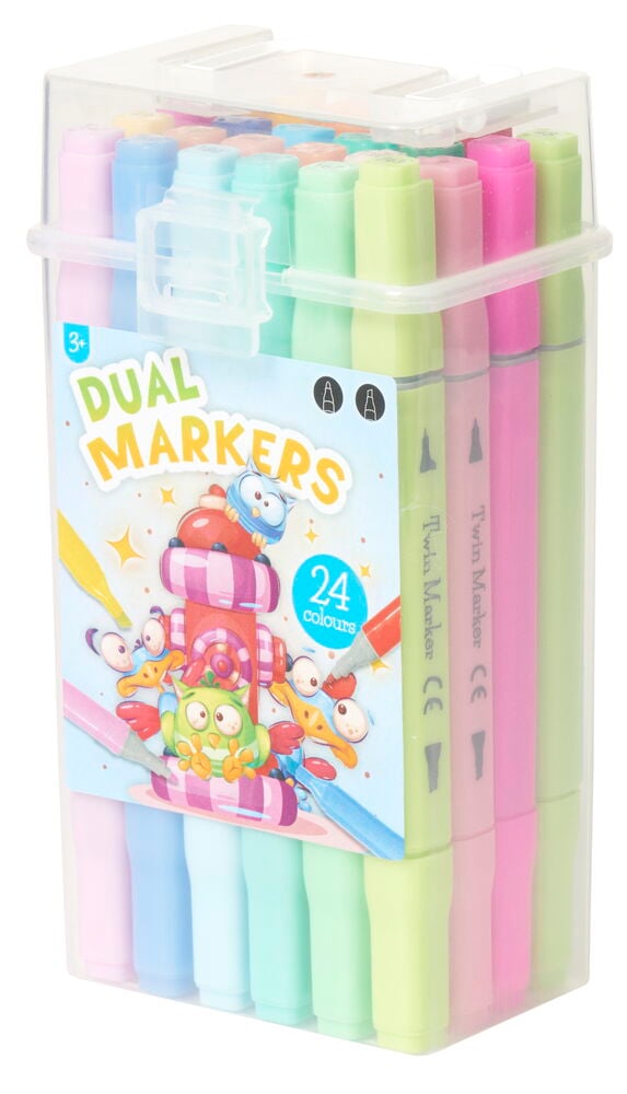 24 dubbelsidiga tuschpennor i genomskinlig förvaringslåda.