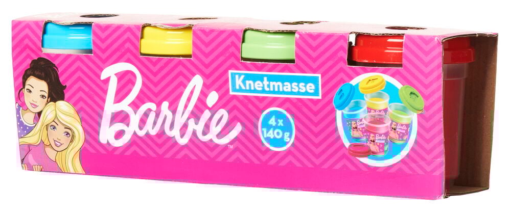 Vier Dosen Knetmasse in Barbie-Verpackung.