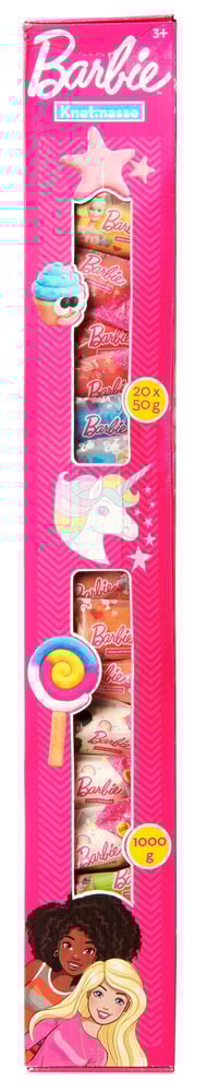 Bunte Verpackung mit zwanzig Dosen Knetmasse Barbie.