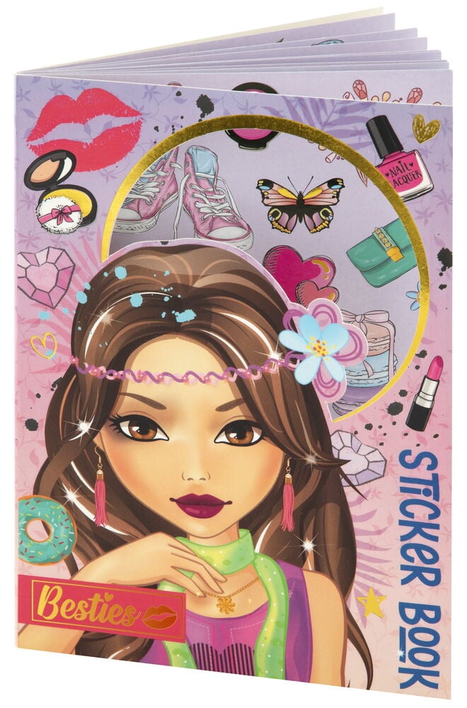 Färgglad klistermärkesbok med flicka och modeaccesoarer.