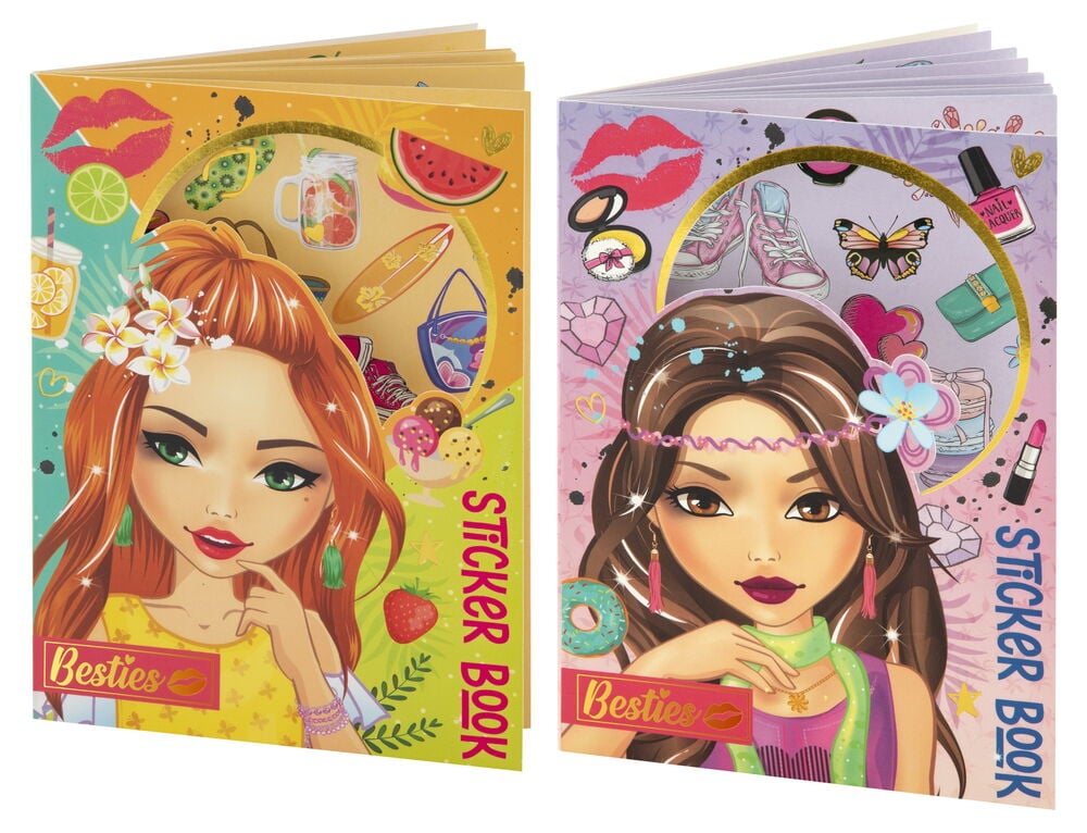 Två färgglada klistermärkesböcker med modeller på omslagen.