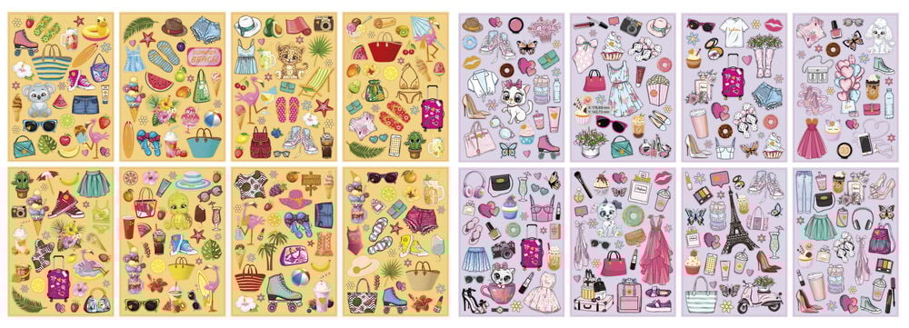 Flera ark klistermärken med sommar- och modeprylar.