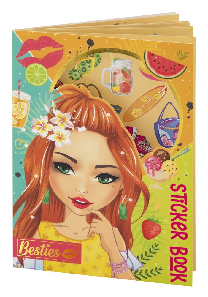 Färgglad klistermärkesbok med tecknad flicka och dekorationer.