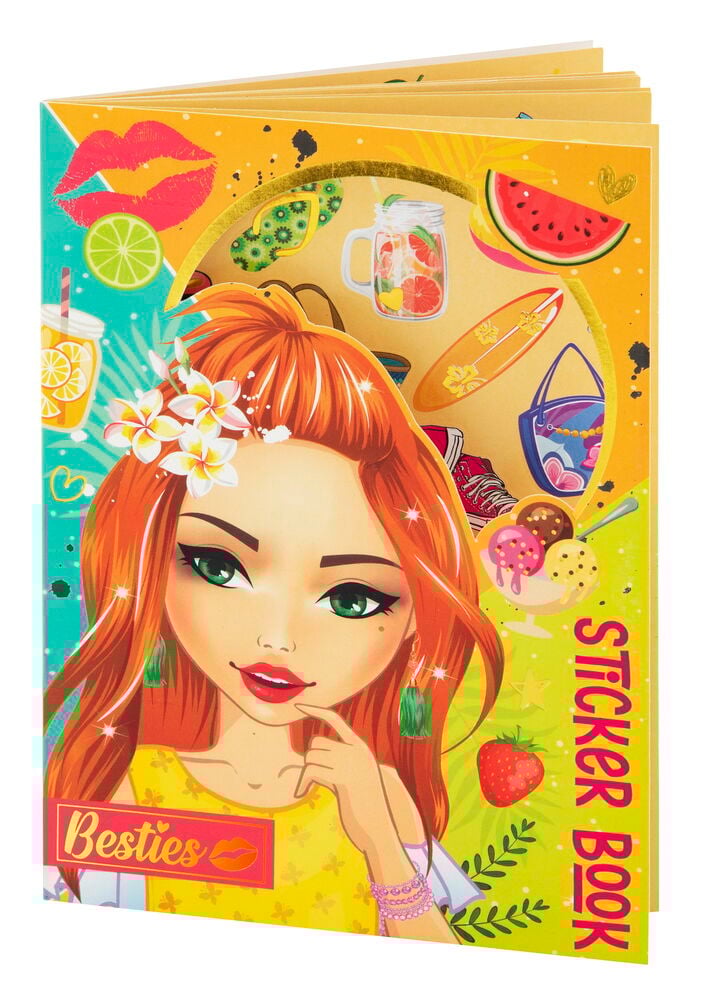 Klistermärkesbok med somriga motiv och tecknad tjej.