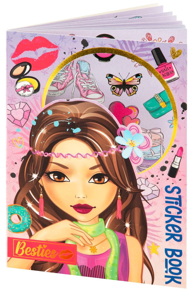 Klistermärkesbok med modeillustration och färgglada dekorationer.