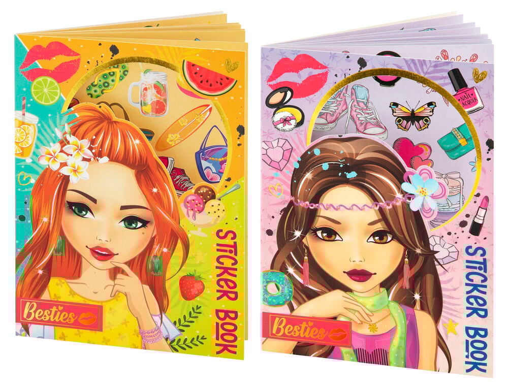 Två klistermärkesböcker med tecknade tjejer och somriga motiv.