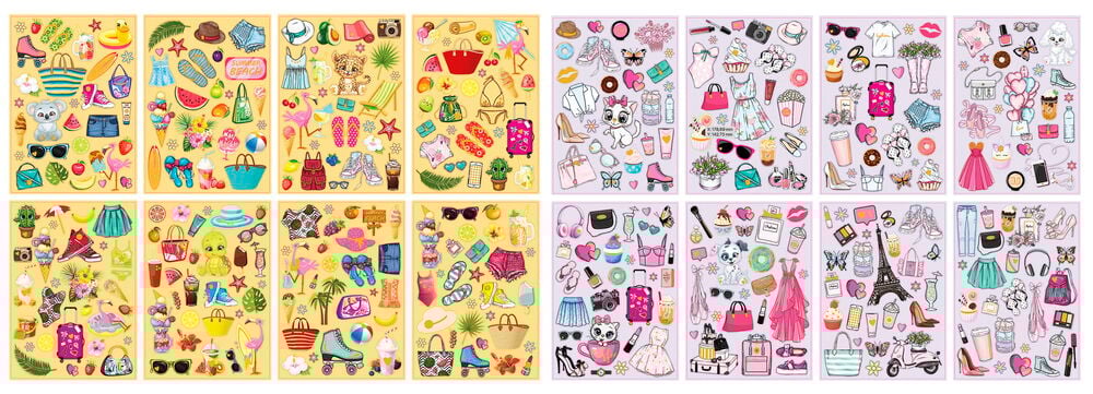 Färgglada klistermärken och mallar på boksidor.