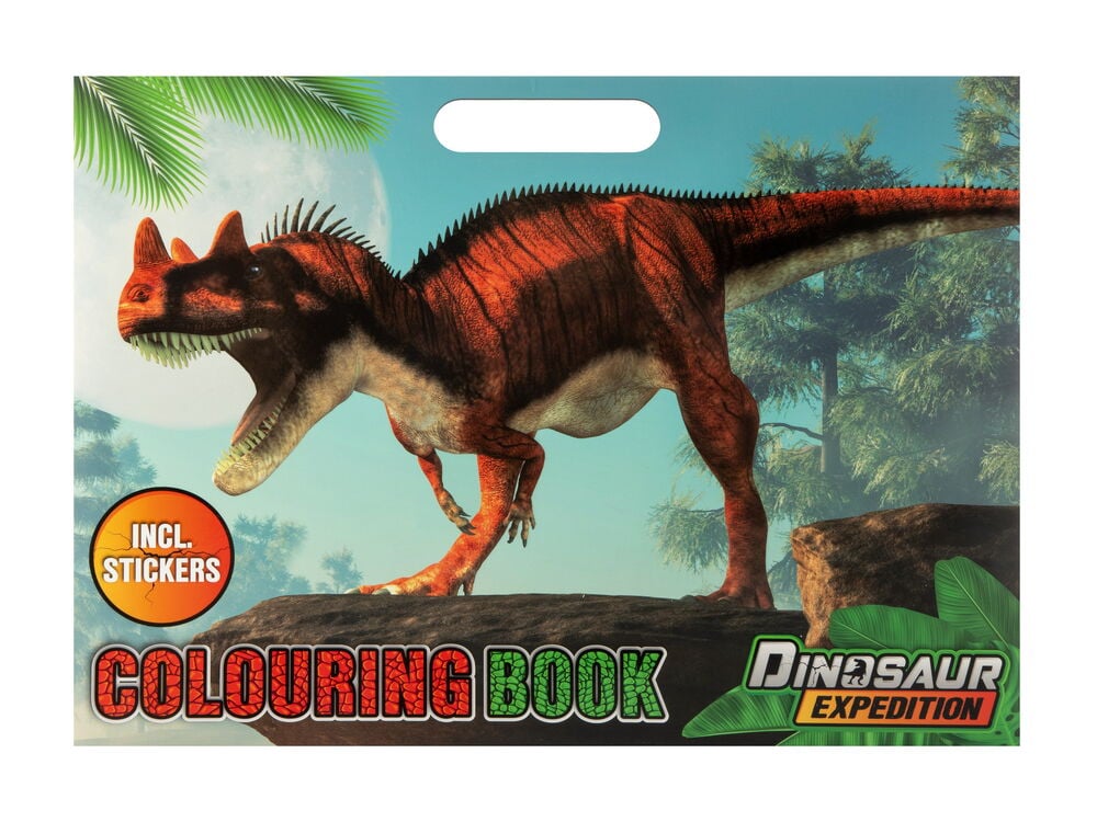 Omslagsbild på målarbok med dinosaurie och träd.